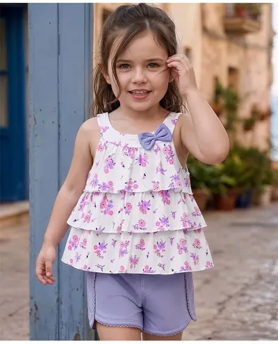 Single Jersey Knit Sleeveless Top & Shorts Set With Floral Print - Multicolor